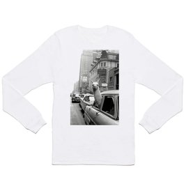 Llama Riding in Taxi, Black and White Vintage Print Long Sleeve T-shirt