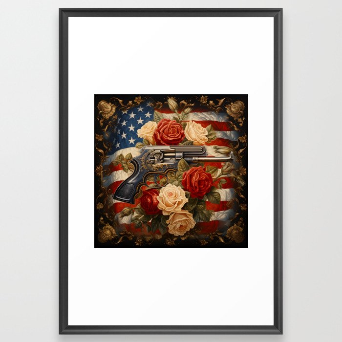 American flag with antique gun and roses Framed Art Print