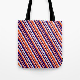 [ Thumbnail: Blue, Light Gray & Red Colored Lined Pattern Tote Bag ]