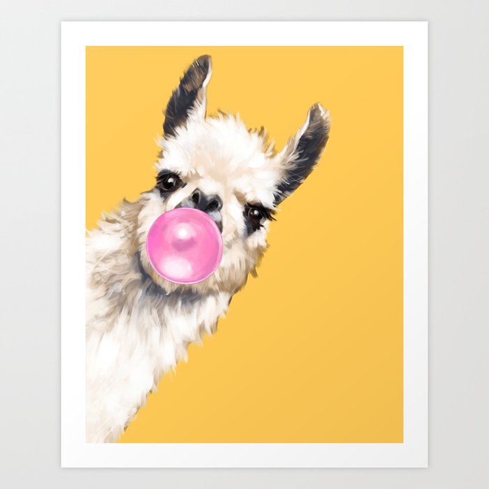 Bubble Gum Sneaky Llama in Yellow Art Print