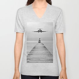 Steady As She Goes 6; aircraft coming in for an island landing female in bikini black and white photography - photographs - photograph V Neck T Shirt