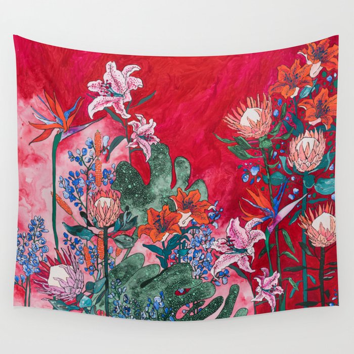 Ruby Red Floral Jungle Wall Tapestry