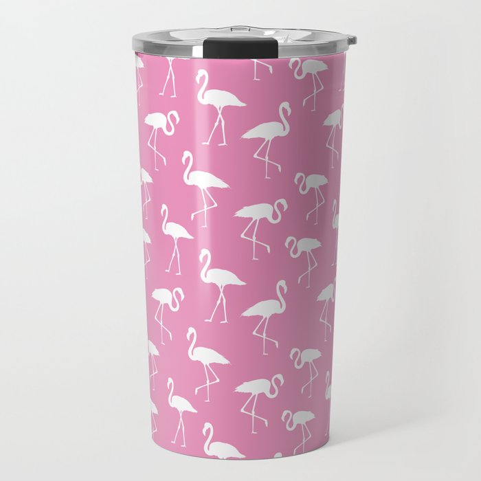 White flamingo silhouettes seamless pattern on hot pink background Travel Mug