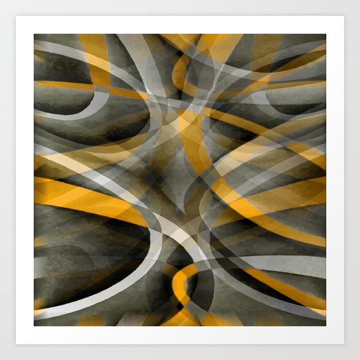 Eighties Mustard Yellow On Grey Abstract Curve Pattern Art Print
