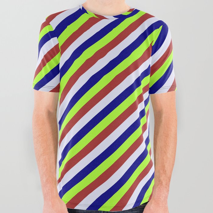 Light Green, Brown, Lavender & Blue Colored Stripes/Lines Pattern All Over Graphic Tee