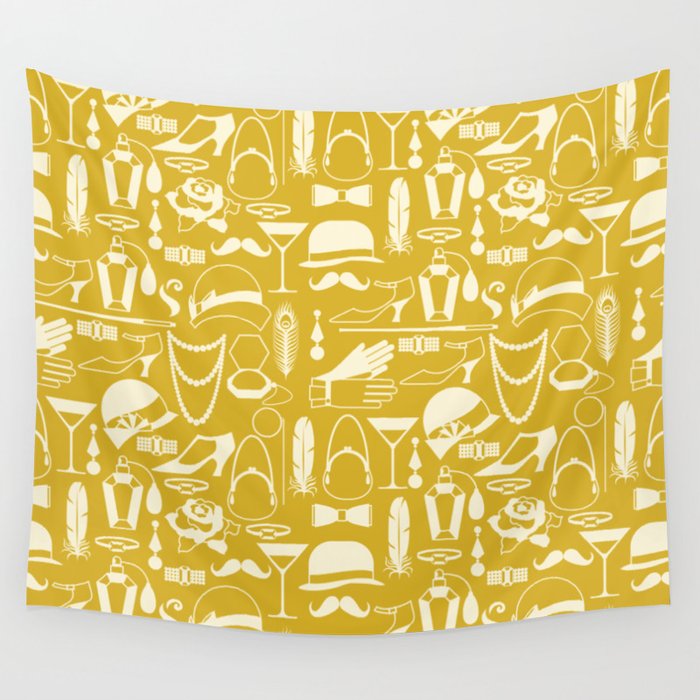 White Fashion 1920s Vintage Pattern on Mustard Yellow Wall Tapestry