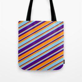 [ Thumbnail: Dark Orange, Sky Blue & Indigo Colored Lined Pattern Tote Bag ]