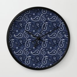 Black and White Paisley Pattern on Navy Blue  Background Wall Clock
