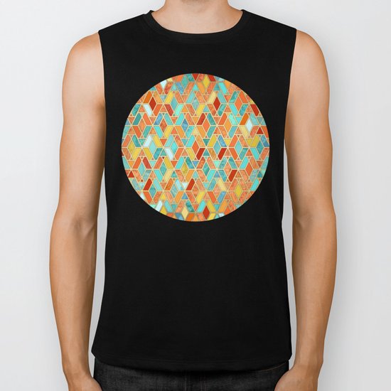 Tangerine & Turquoise Geometric Tile Pattern Biker Tank