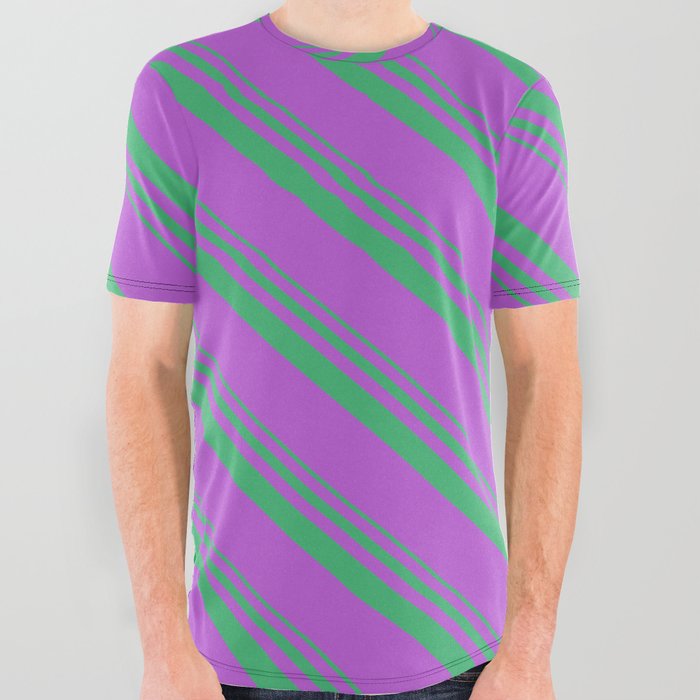 Sea Green and Orchid Colored Lines Pattern All Over Graphic Tee