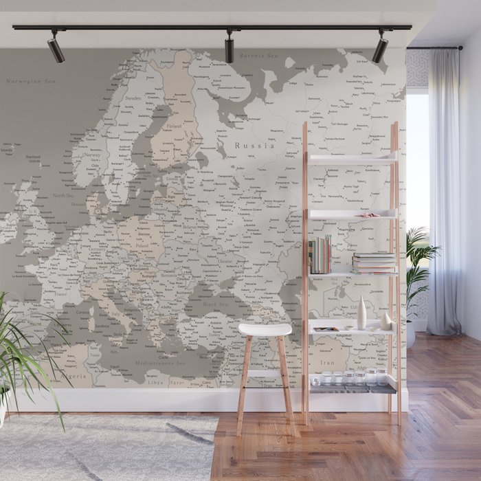 Light brown map of Europe with cities "Light earth tones" Wall Mural
