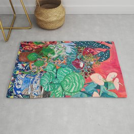 Jungle of Houseplants and Flowers on Bright Coral Pink with Wild Cats Rug