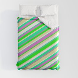 [ Thumbnail: Vibrant Green, Orchid, Lime, Pale Goldenrod, and White Colored Pattern of Stripes Duvet Cover ]