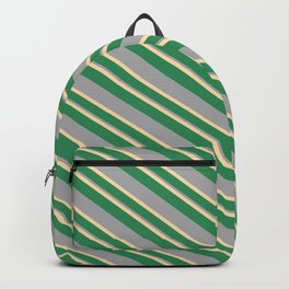 [ Thumbnail: Tan, Sea Green, and Dark Gray Colored Stripes/Lines Pattern Backpack ]