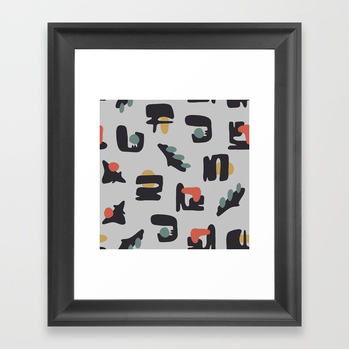 Mid century pattern with abstract blob and shapes Framed Art Print