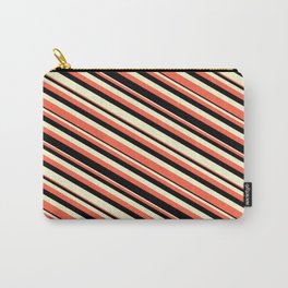 [ Thumbnail: Red, Black & Light Yellow Colored Striped Pattern Carry-All Pouch ]