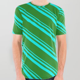 [ Thumbnail: Aqua & Forest Green Colored Lines/Stripes Pattern All Over Graphic Tee ]