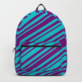[ Thumbnail: Purple and Dark Turquoise Colored Lines/Stripes Pattern Backpack ]