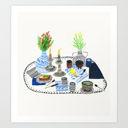 While at Amanda's House Art Print | Colored Pencil, Candles, Textiles, Ceramics, Drawing, Dinner, Curated, Brooklyn, Maggiecowles, Kitchen 