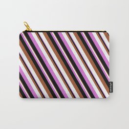 [ Thumbnail: Sienna, White, Orchid & Black Colored Striped Pattern Carry-All Pouch ]