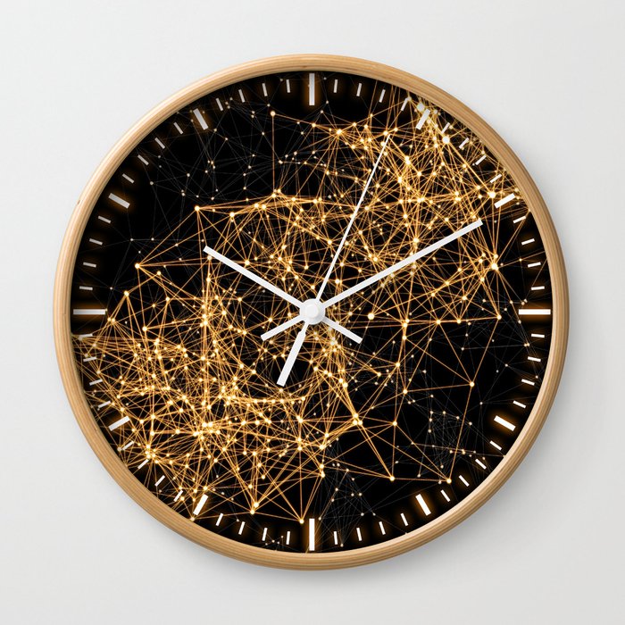 Shiny golden dots connected lines on black Wall Clock