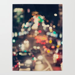 Blurred background. Night city lights blur. Retro toned photo, vintage. Poster