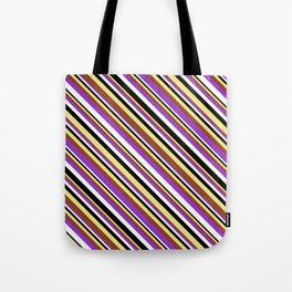 [ Thumbnail: Vibrant Tan, Brown, Dark Orchid, White & Black Colored Lines Pattern Tote Bag ]