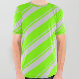 [ Thumbnail: Light Gray and Chartreuse Colored Striped/Lined Pattern All Over Graphic Tee ]