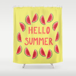 Hello Summer Watercolor Handlettered Painting - Yellow Background Shower Curtain