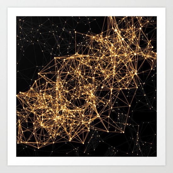 Shiny golden dots connected lines on black Art Print