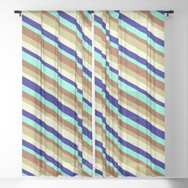 [ Thumbnail: Eye-catching Sienna, Dark Khaki, Light Yellow, Blue, and Aquamarine Colored Striped/Lined Pattern Sheer Curtain ]