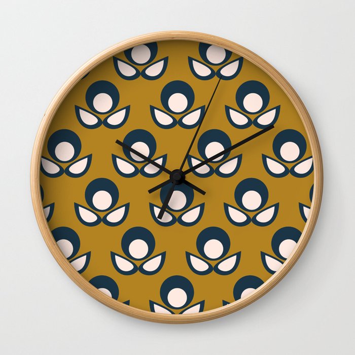 Bubble Flower Retro Pattern in Golden Mustard, Navy Blue, and Pale Blush Pink Wall Clock
