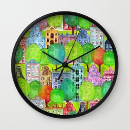 Seamless Pattern of Watercolor Old Europe Houses 08 Wall Clock | Graphicdesign, Cityscape, Colorful, Europen, Street, Amsterdam, Village, House, Background, Drawing 