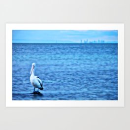 Australian Pelican standing in blue ocean landscape Art Print