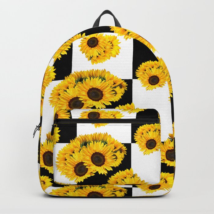 Large Check Yellow Sunflower Floral with Black and White Checkered Summer Print Backpack
