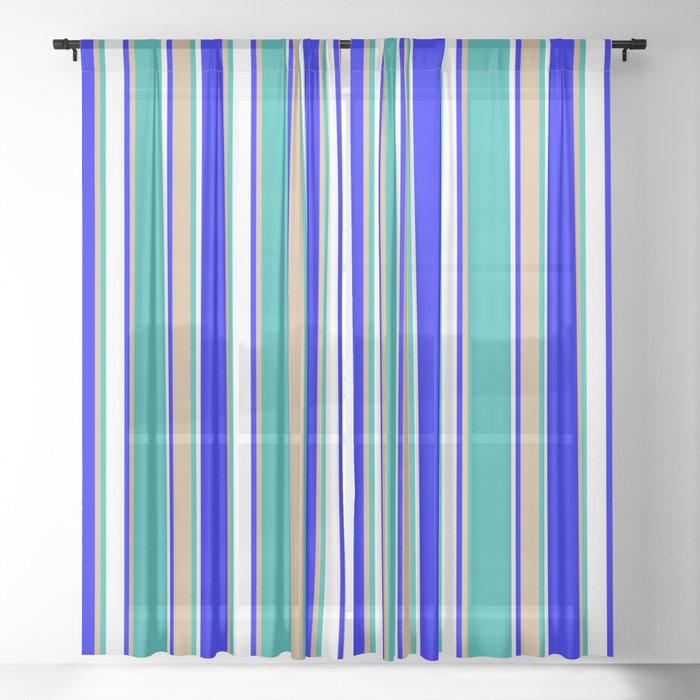 Blue, Tan, Light Sea Green, and White Colored Striped Pattern Sheer Curtain