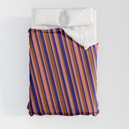 [ Thumbnail: Blue, Brown & Salmon Colored Stripes Pattern Duvet Cover ]