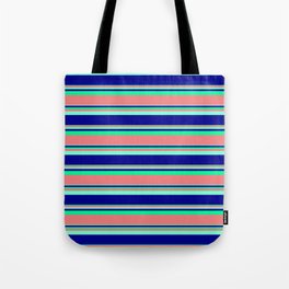 [ Thumbnail: Aquamarine, Dark Blue, Green & Light Coral Colored Stripes Pattern Tote Bag ]