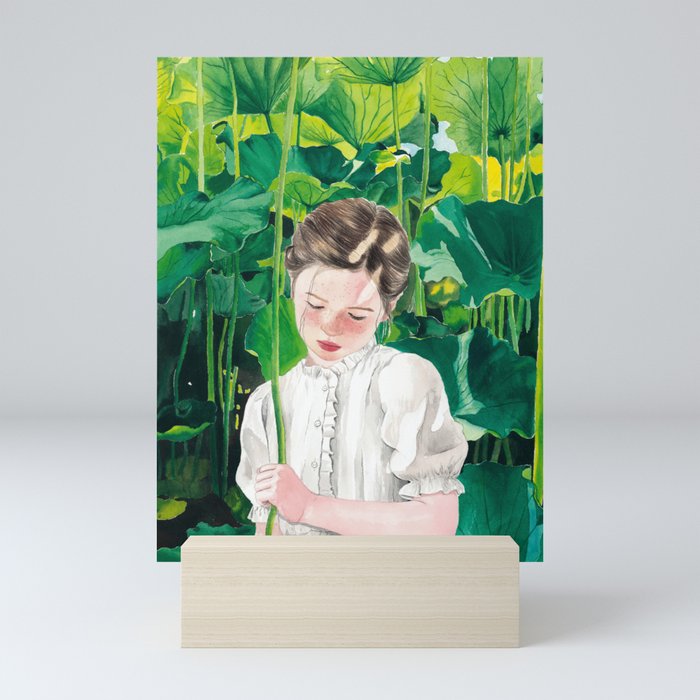 A Girl In The Waterlily Pond Hand-painted Illustration in Watercolour Mini Art Print