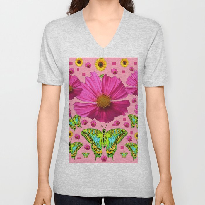 PINK COSMO FLORALS GREEN MOTHS SUNFLOWERS V Neck T Shirt