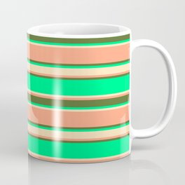 [ Thumbnail: Green, Beige, Light Salmon & Dark Olive Green Colored Stripes Pattern Coffee Mug ]