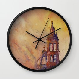 Watercolor painting of Cathedral bell-tower in the colonial city of Morelia at sunset- Mexico Wall Clock