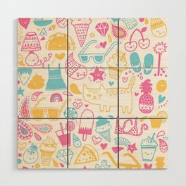 Pink Blue and Yellow Summer Girly Elements Wood Wall Art