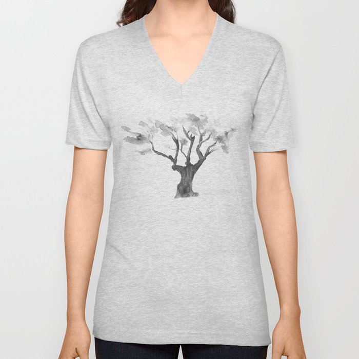Black & White Olive Tree V Neck T Shirt