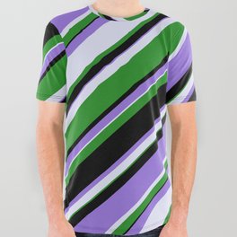[ Thumbnail: Purple, Lavender, Forest Green & Black Colored Stripes Pattern All Over Graphic Tee ]