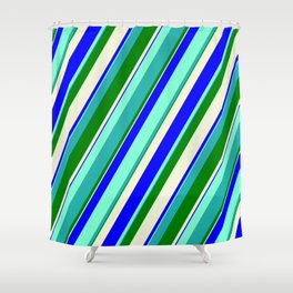 [ Thumbnail: Vibrant Aquamarine, Light Sea Green, Green, Beige, and Blue Colored Lines Pattern Shower Curtain ]