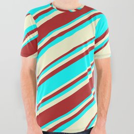 [ Thumbnail: Red, Cyan, and Light Yellow Colored Stripes Pattern All Over Graphic Tee ]