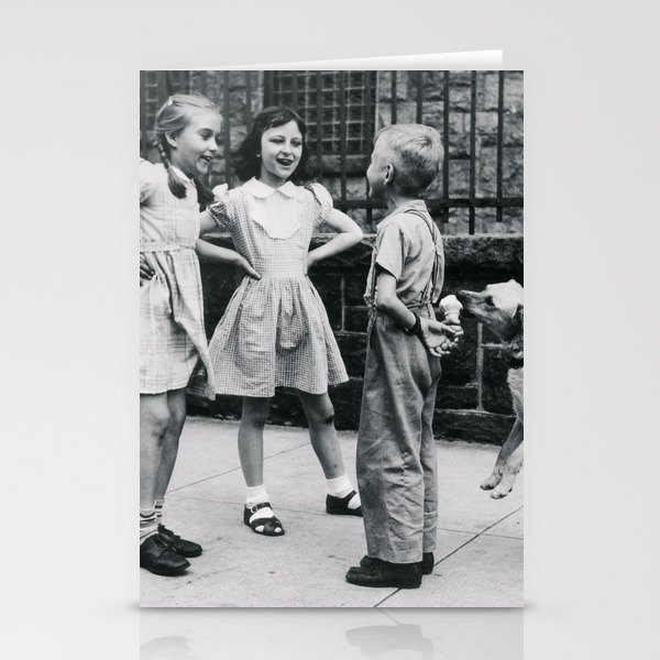 Boys ain't the brightest bulbs in the pack; unsuspecting boy flirting with girls gets his ice cream eaten by smart canine dog funny humorous black and white vintage photograph - photography - photographs Stationery Cards
