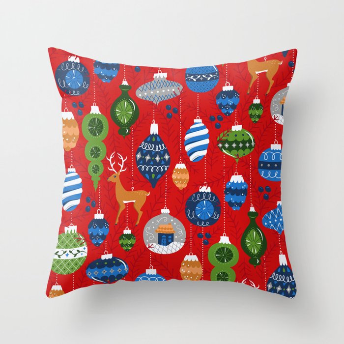 Holiday Ornaments in Red + Blue + Green Throw Pillow