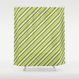 [ Thumbnail: Bisque, Green & Dim Gray Colored Pattern of Stripes Shower Curtain ]